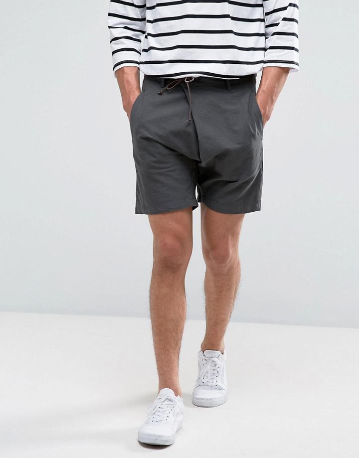Asos Drop Crotch Asymmetric Shorts With Leather Tie In Charcoal - Gray