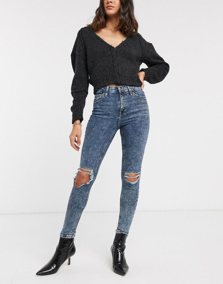 Topshop Jamie Skinny Jeans With Rips In Dark Wash-blue