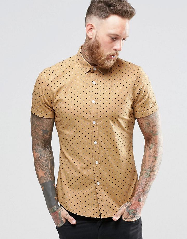 Asos Skinny Shirt With Polka Dot In Camel With Short Sleeves - Camel