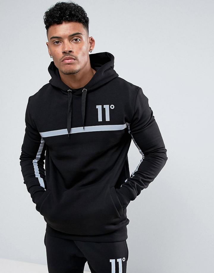11 Degrees Hoodie In Black With Reflective Stripe - Black