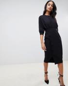 Asos Design Midi Pencil Dress With Button Skirt-black
