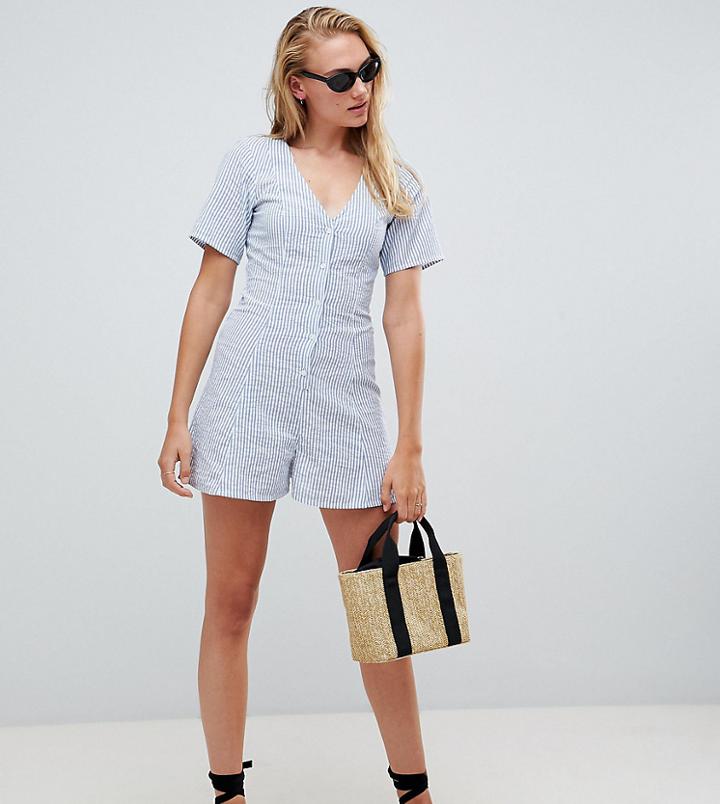 Asos Design Tall Swing Romper With Button Detail In Stripe - Blue