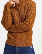 Asos Design Heavyweight Cable Knit Roll Neck Jumper In Brown