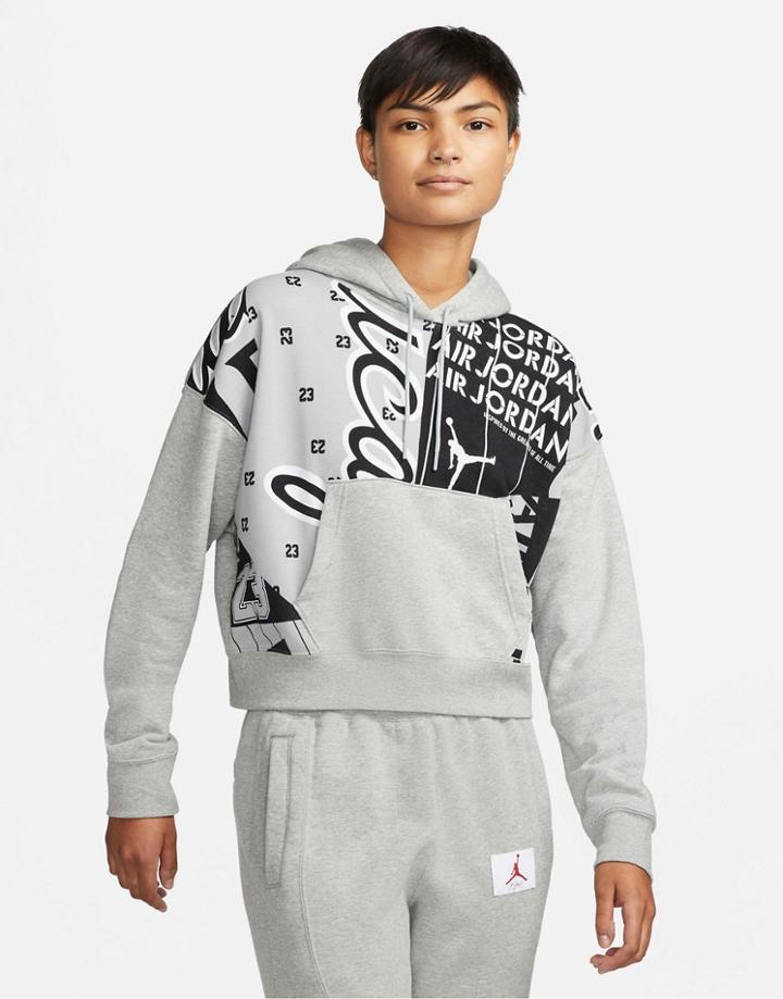 Nike Jordan Core Essentials All-over Print Fleece Hoodie In Gray Heather/black