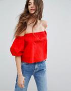 Bershka Puff Sleeve Off The Shoulder Crop Top - Orange