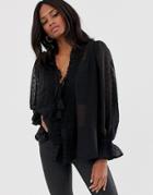 Asos Design Long Sleeve Sheer Open Blouse In Dobby - Black