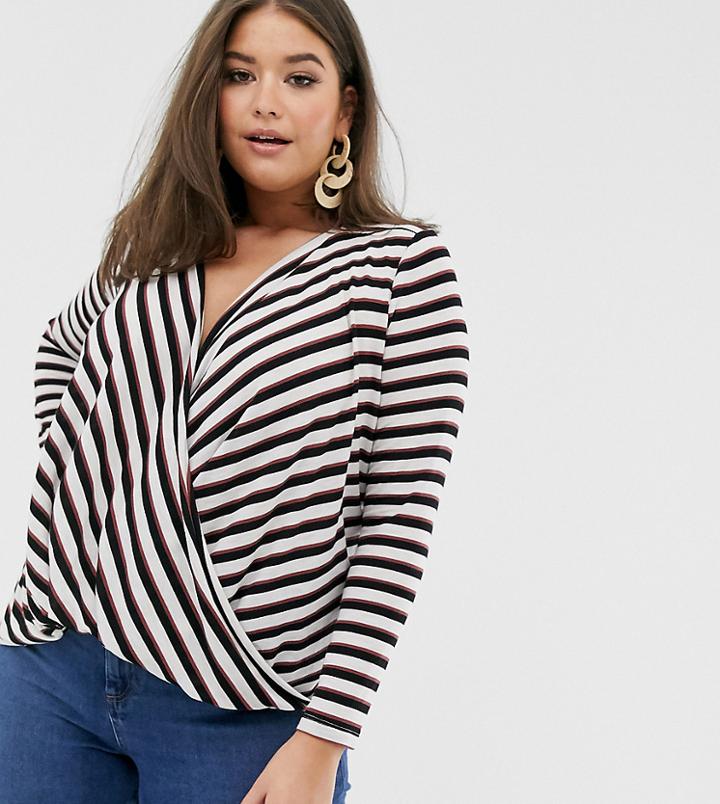 Vero Moda Curve Multi Stripe Jersey Wrap Front Top - Multi