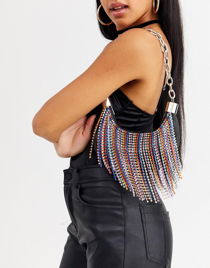 Asos Design 90s Hobo Shoulder Bag With Rainbow Rhinestone Fringe