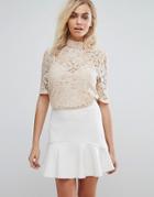 Fashion Union High Neck Top In Lace - Pink