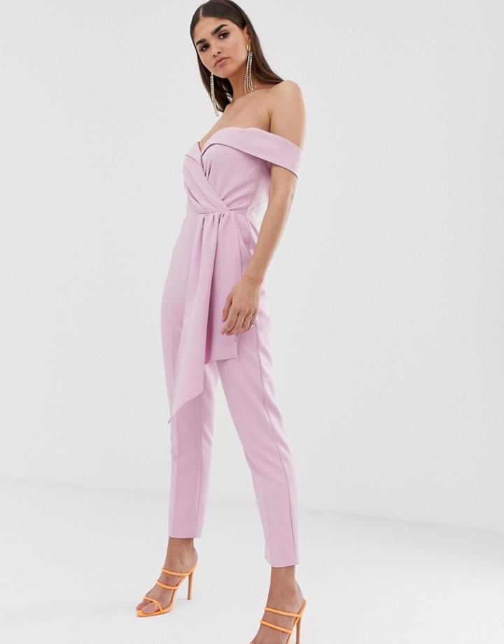 Lavish Alice Bardot Tailored Jumpsuit With Draped Belt In Pink - Pink