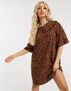 Asos Design Mini T-shirt Dress With Oversized Prairie Collar In Leopard Print-brown