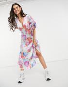 Asos Design Satin Midi Tea Dress In Bright Floral Print-multi