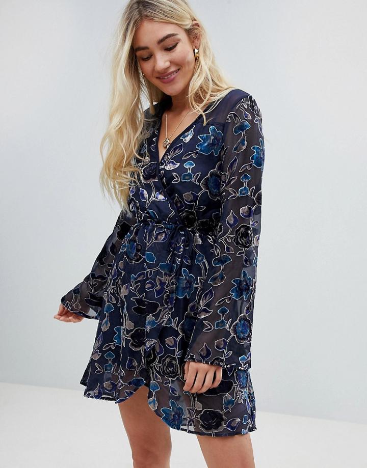 Band Of Gypsies Floral Burnout Velvet Wrap Dress - Navy