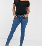Asos Design Maternity High Rise Ridley 'skinny' Jeans In Bright Midwash Blue With Over Bump Waistband-blues