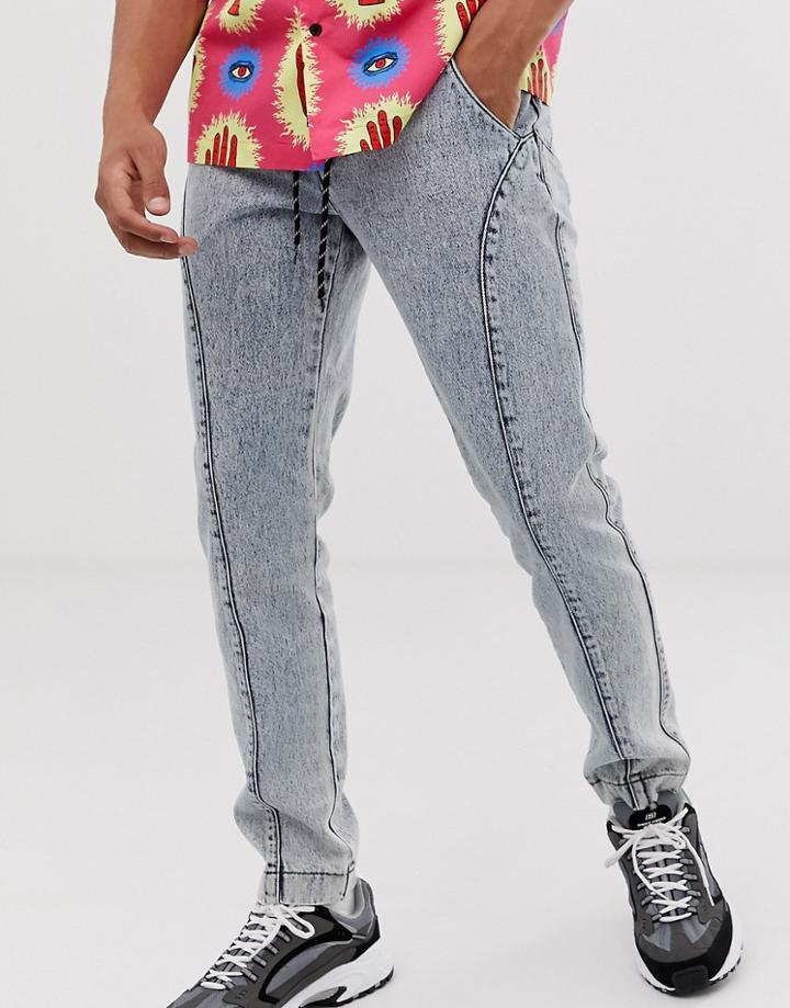 Asos Design Slim Jeans With Panelling In Acid Wash Blue