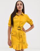River Island Belted Shirt Dress With Frill Hem In Yellow