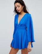 Parallel Lines Romper With Cape Sleeves - Blue