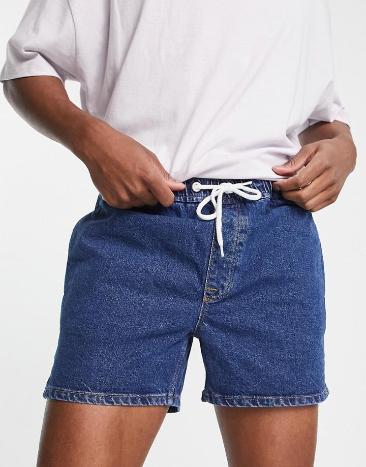 Asos Design Denim Shorts With Elasticized Waist In Light Wash Blue And Slit Hem