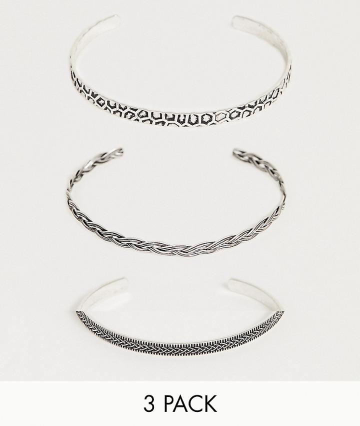 Asos Design Embossed Bangle Pack In Burnished Silver Tone - Silver