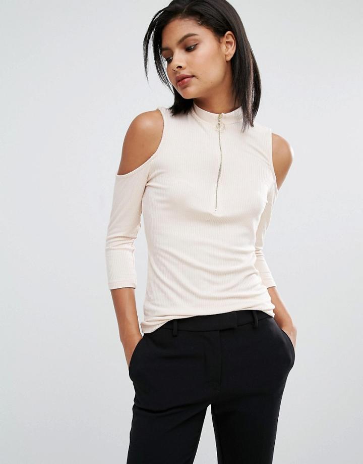 Vero Moda Zip Ribbed Cold Shoulder Top - Cream