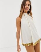 Asos Design Halter Top With Embellished Hem-cream