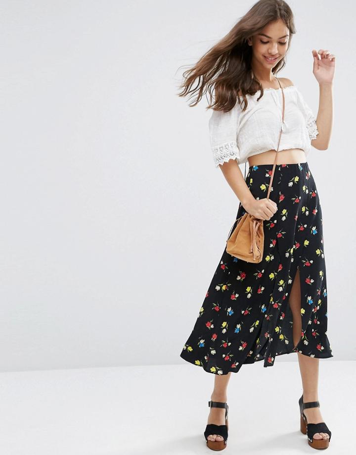 Asos Midi Skirt With Splices In Floral Print - Multi