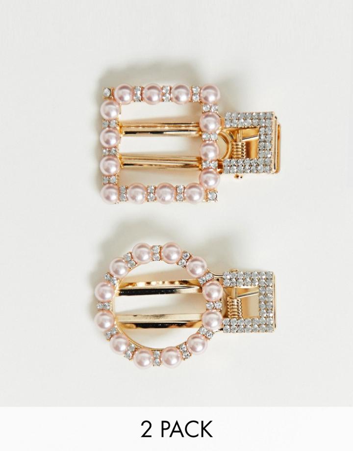 Asos Design Pack Of 2 Hair Clips In Square And Circle Shape In Pearl-gold