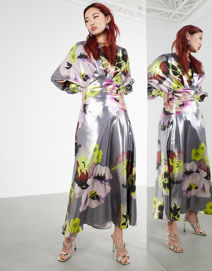 Asos Edition Blouson Sleeve Midi Dress In Silver Metallic Floral Print