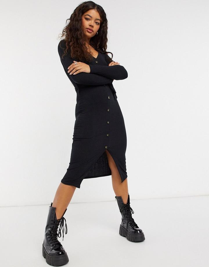 New Look Soft Ribbed Tie Belt Dress In Black