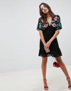 Asos Design Tiered Mini Dress With Floral Embroidery-black