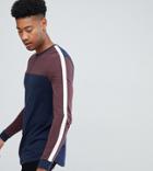 Asos Design Tall Longline Long Sleeve T-shirt With Curved Hem And Contrast Yoke In Navy - Navy