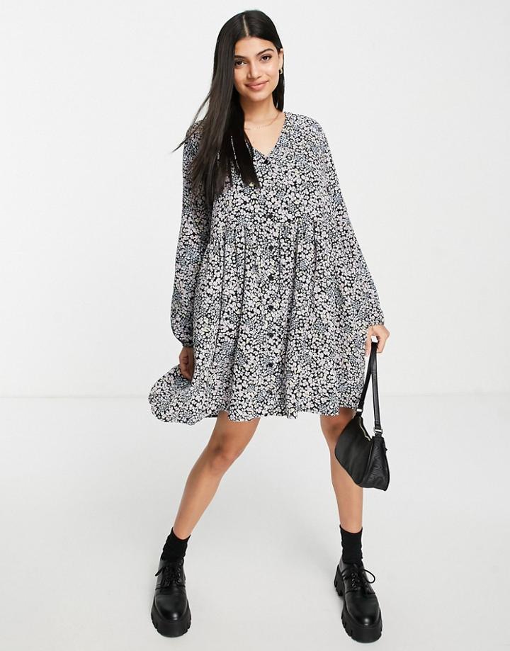 Monki Recycled Floral Print Mini Smock Dress In Multi