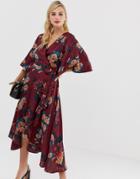 Liquorish Floral Wrap Front Midi Dress With Tie Belt And Waterfall Hem - Multi