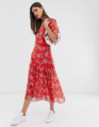 Liquorish Wrap Front Midi Dress With Tie Belt And Flutter Sleeves In Red Floral