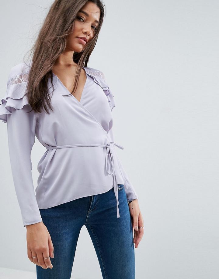 Asos Wrap Blouse With Lace Insert & Ruffle - Blue