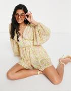 Asos Design Button Front Long Sleeve Romper In 70s Floral-multi