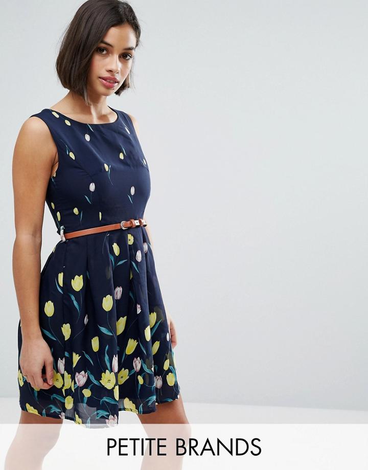 Yumi Petite Skater Dress In Border Print With Belt - Navy