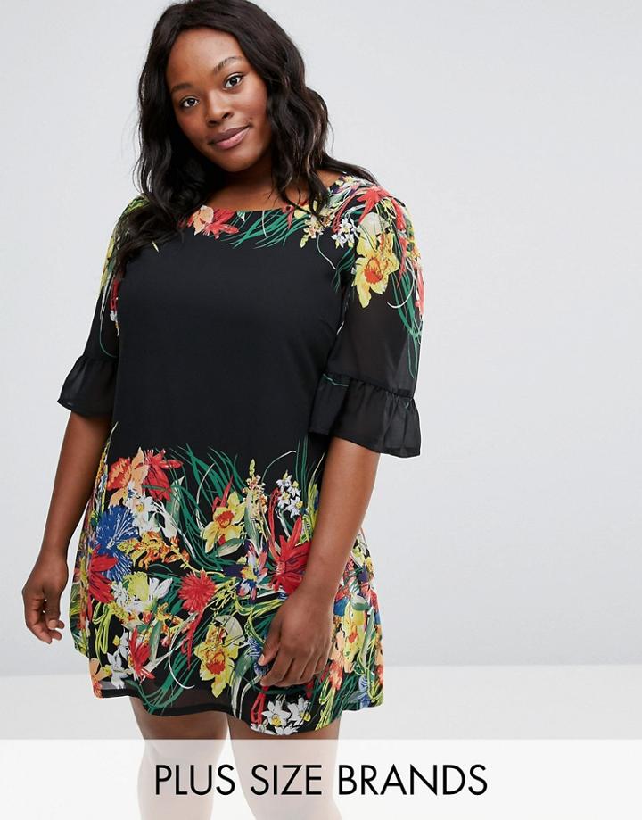 Yumi Plus Swing Dress With Frill Sleeves In Border Print - Black