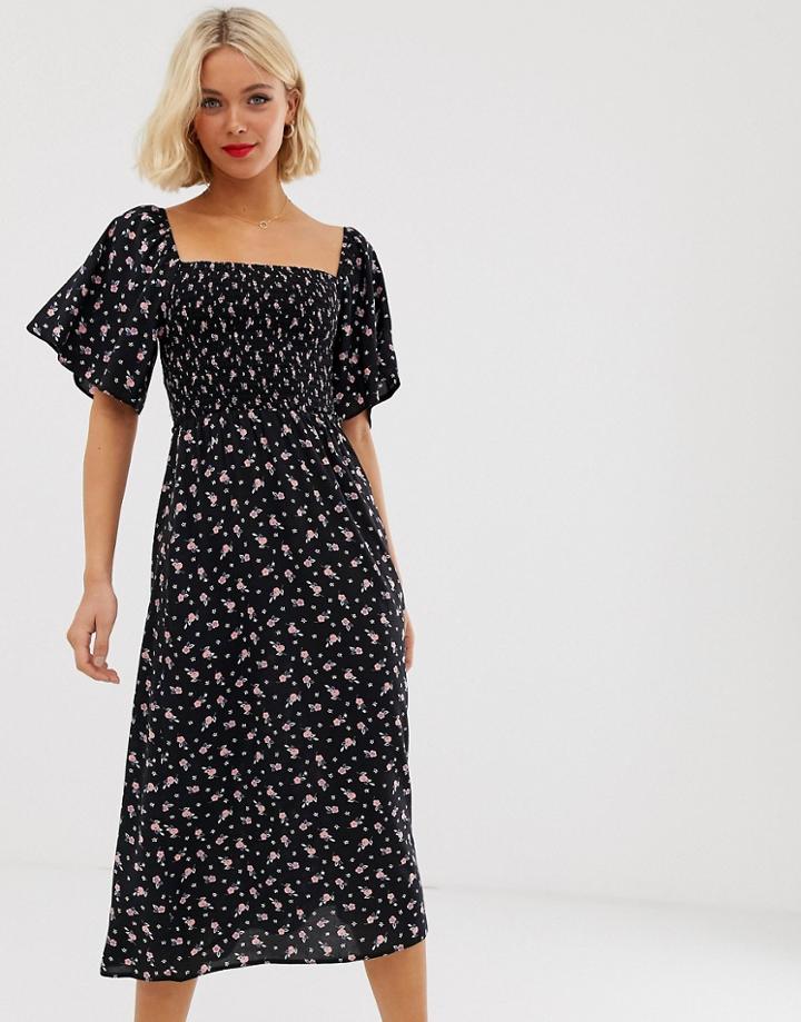 New Look Ditsy Shirred Midi Dress In Black - Black