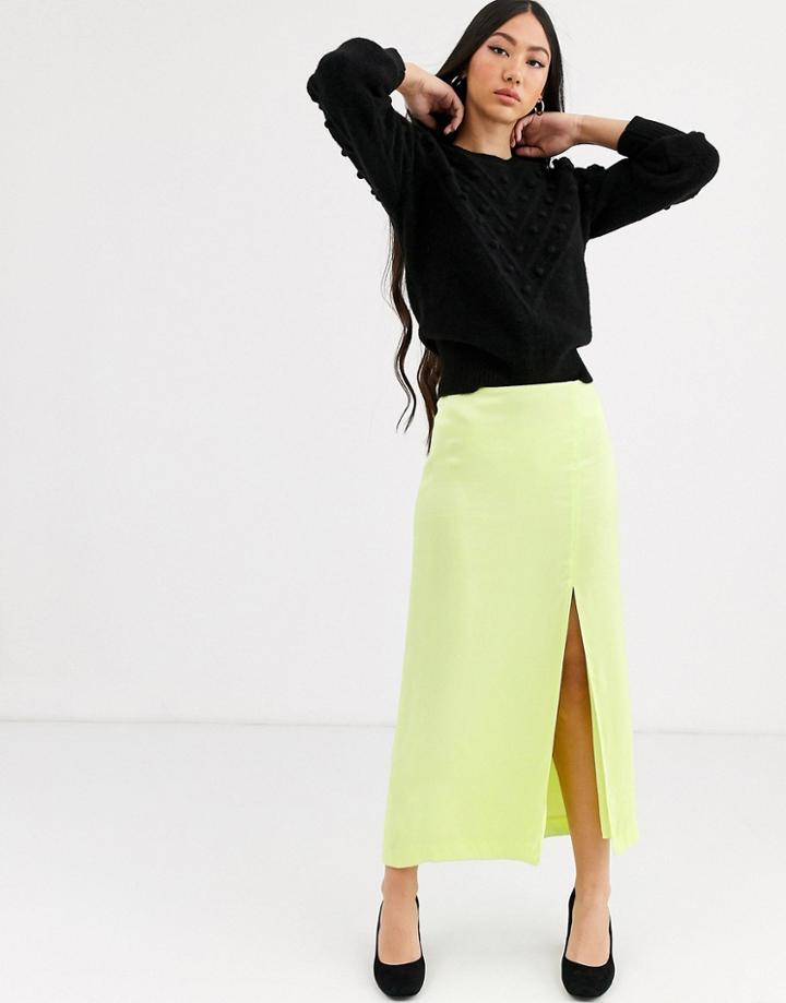 & Other Stories Satin Side Split Midi Skirt In Lime-yellow