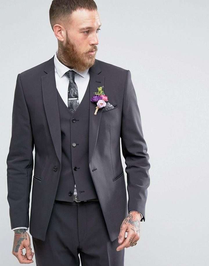 Asos Wedding Skinny Suit Jacket With Square Hem In Charcoal - Black
