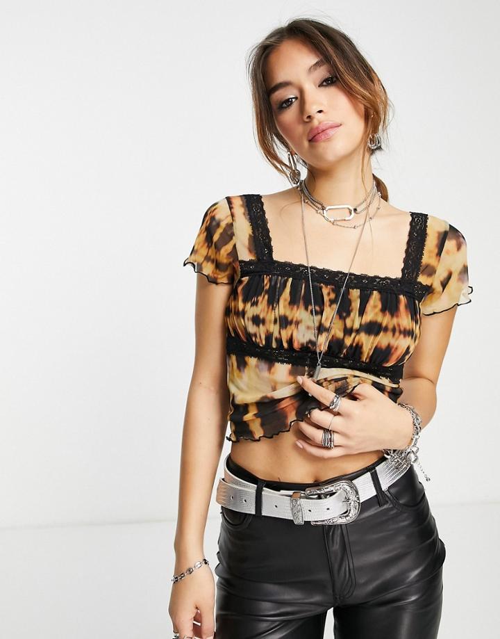 Topshop Mesh Lace Trim Tee In Brown