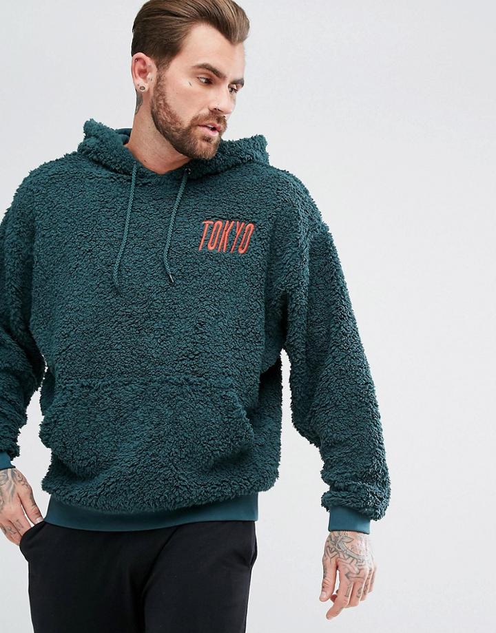 Asos Borg Oversized Hoodie With Embroidery - Green