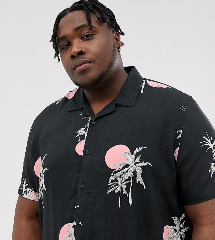 New Look Plus Revere Collar Shirt In Sunset Palm Print - Gray