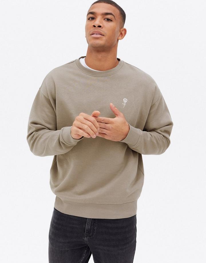 New Look Crew Neck Sweat With Rose Embroidery In Light Gray