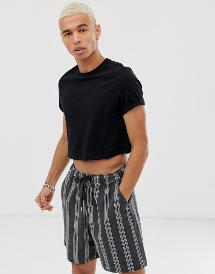 Asos Design Organic Cropped Crew Neck T-shirt With Roll Sleeve In Black - Black