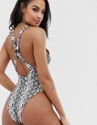 Asos Design Textured Snake Stitch Detail Plunge Neck Swimsuit With Trim - Multi