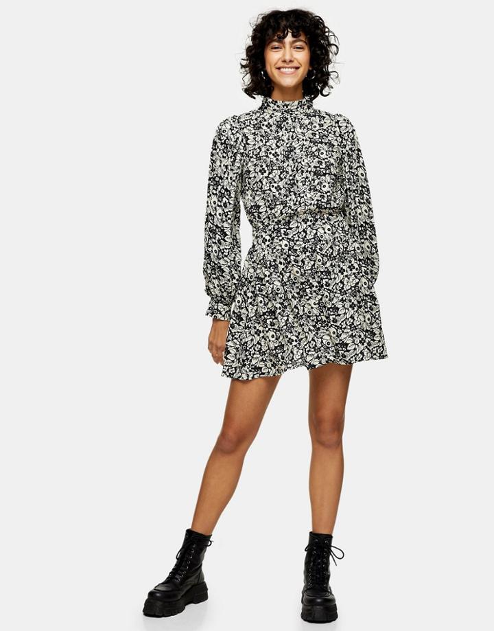 Topshop Pintuck Mini Dress In Monochrome-multi