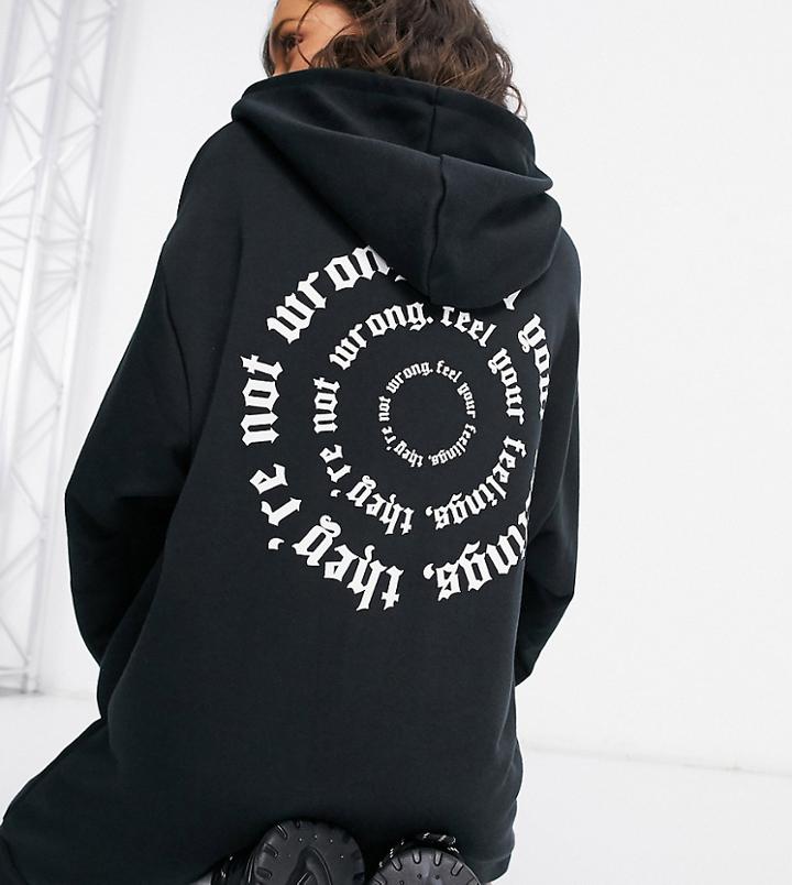 Asos Design Petite Oversized Mini Sweatshirt Hoodie Dress In Black With Feelings Print