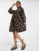 Pieces Floral Midi Smock Dress In Black/orange